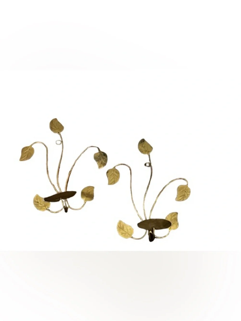 Vintage Brass Leaf Wall Hook Candle Holder Set in Gold Tone with green leaf hues
